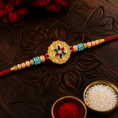 Round Floral Meenakari Enamel Pearl Beaded Rakhi for Brother