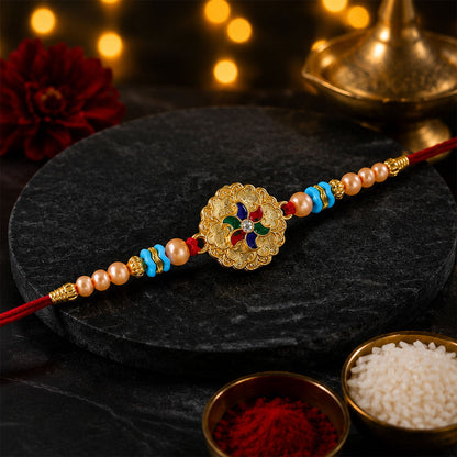 Round Floral Meenakari Enamel Pearl Beaded Rakhi for Brother