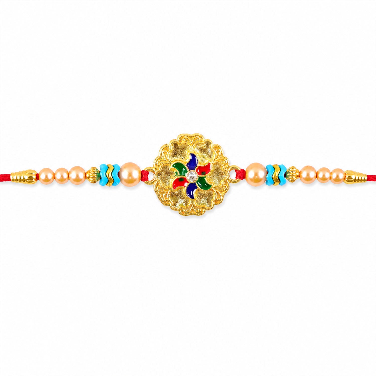 Round Floral Meenakari Enamel Pearl Beaded Rakhi for Brother