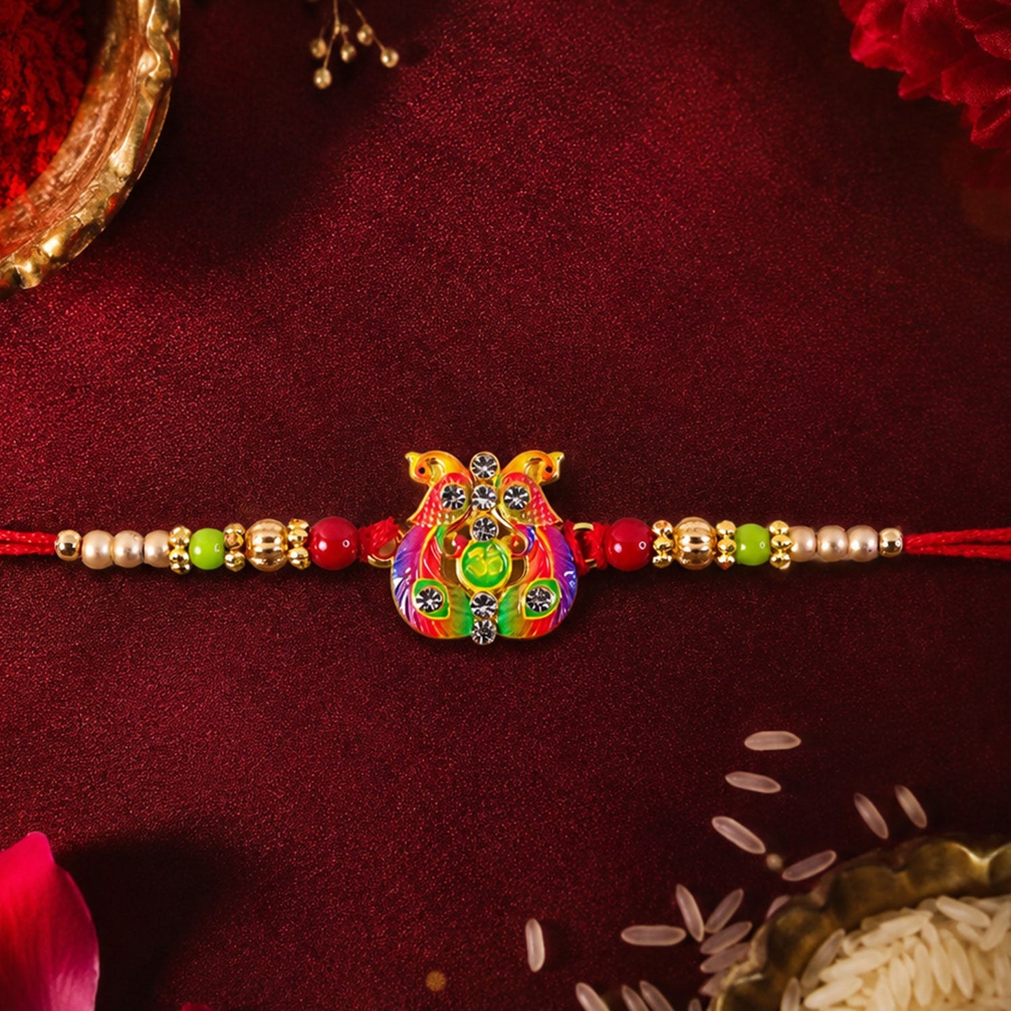 Meenakari Om Twin Peacock Stone-Studded Rakhi for Brother