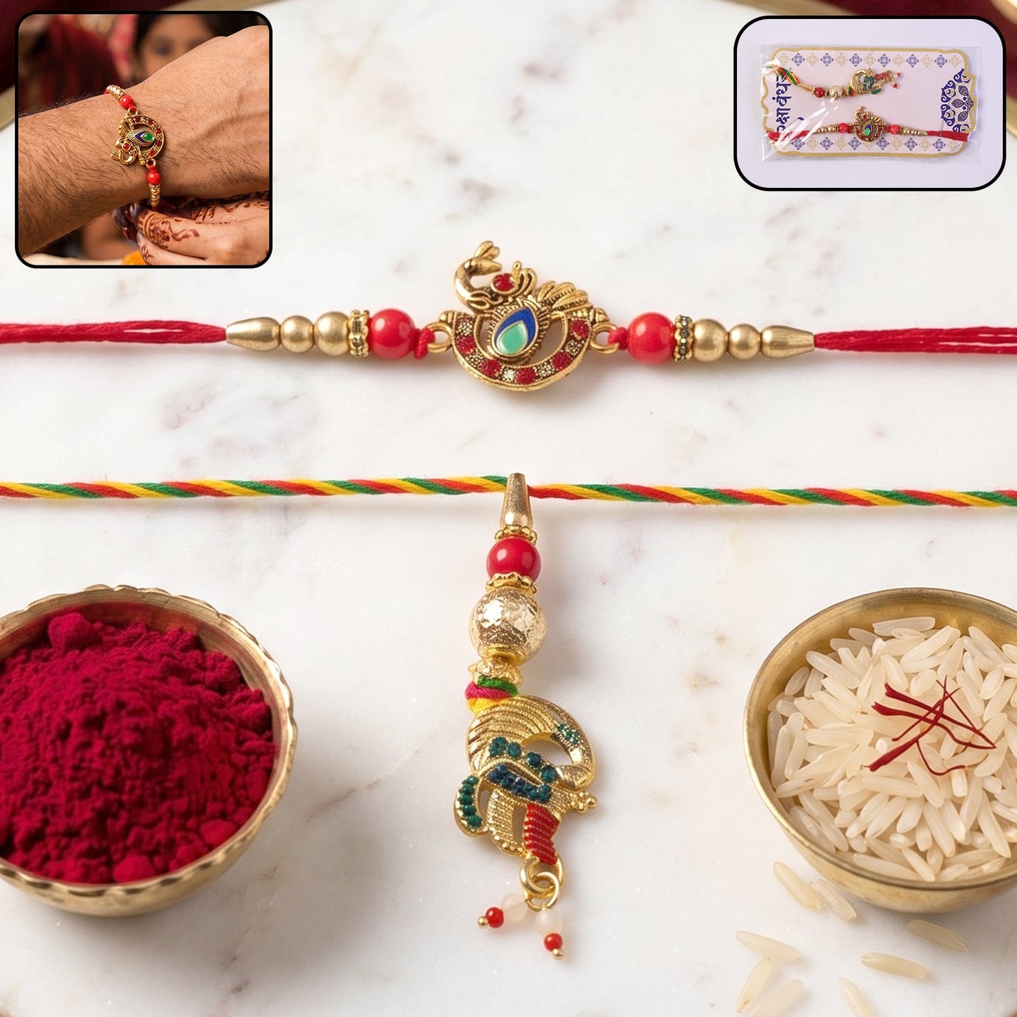 Peacock Latkan Bhabhi Rakhi with pearl beads close-up