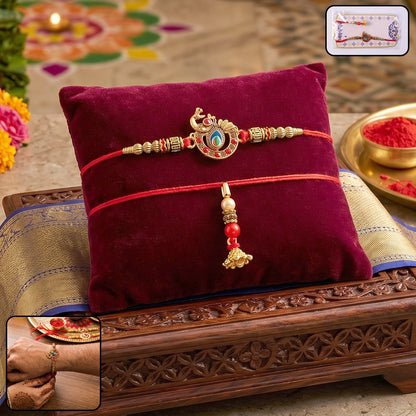 Front view of Kundan Peacock Bhabhi Rakhi with Pearl Latkan