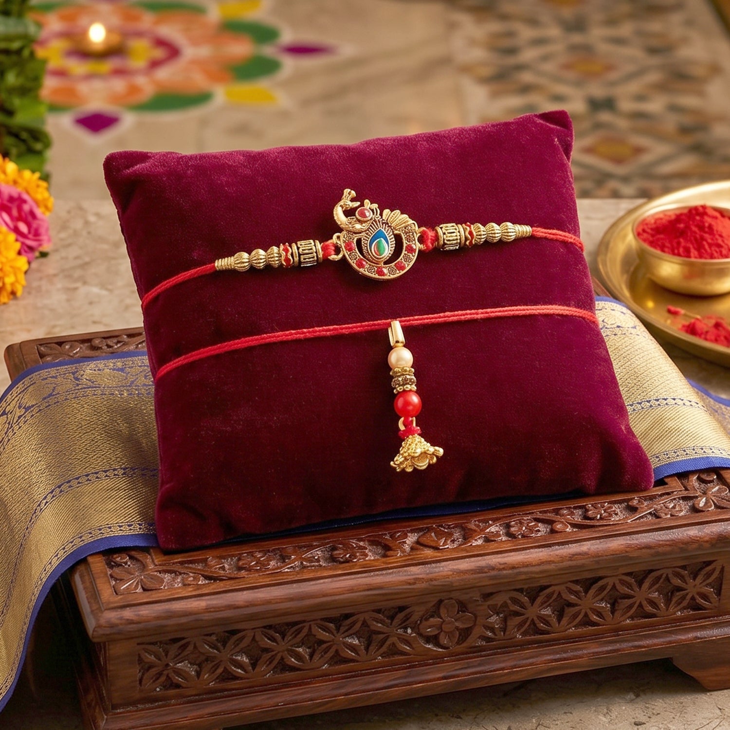 Kundan Peacock Bhabhi Rakhi with Pearl Latkan close-up