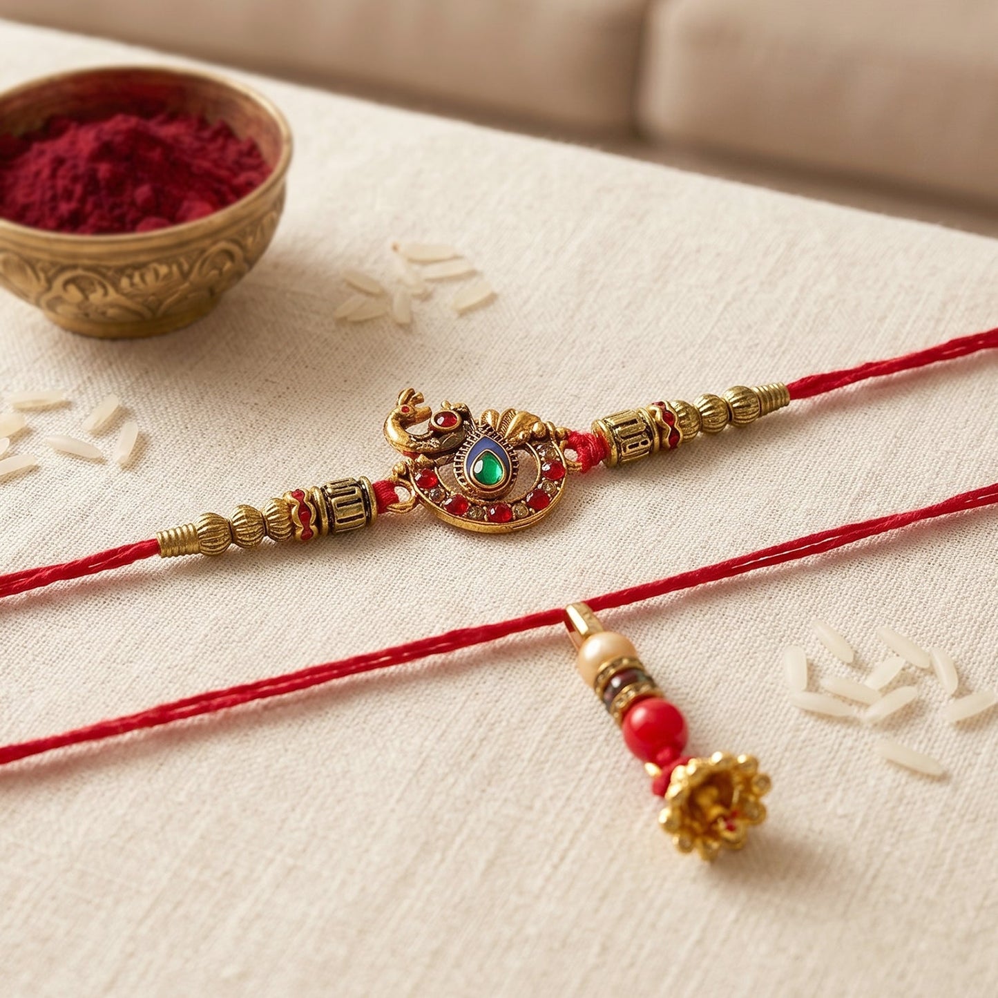 Detailed view of pearl latkan on Kundan Peacock Bhabhi Rakhi