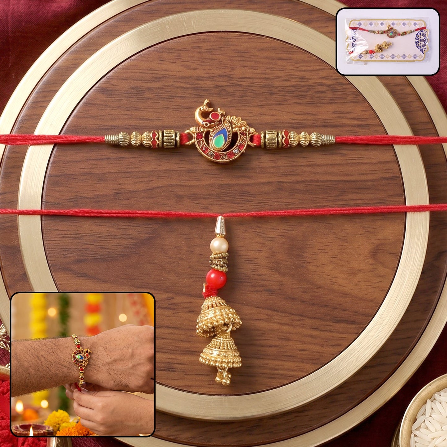 Peacock Pendant Bhabhi Rakhi with Jhumka Latkan front view
