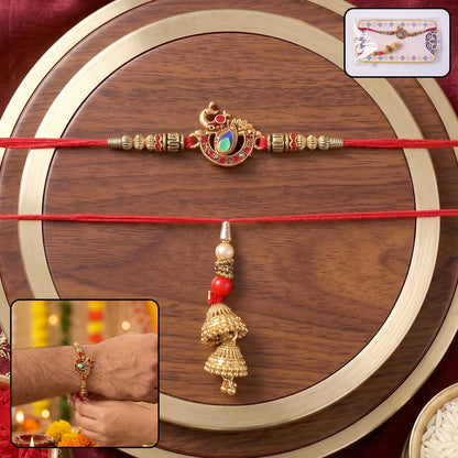 Peacock Pendant Bhabhi Rakhi with Jhumka Latkan front view