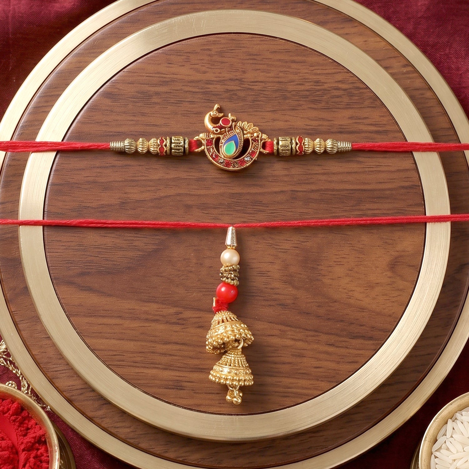 Peacock Pendant Bhabhi Rakhi with Jhumka Latkan detail