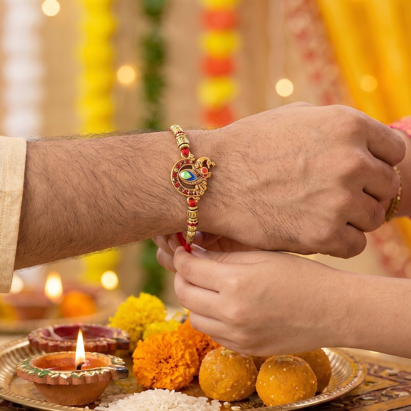 Close-up of Peacock Pendant on Bhabhi Rakhi