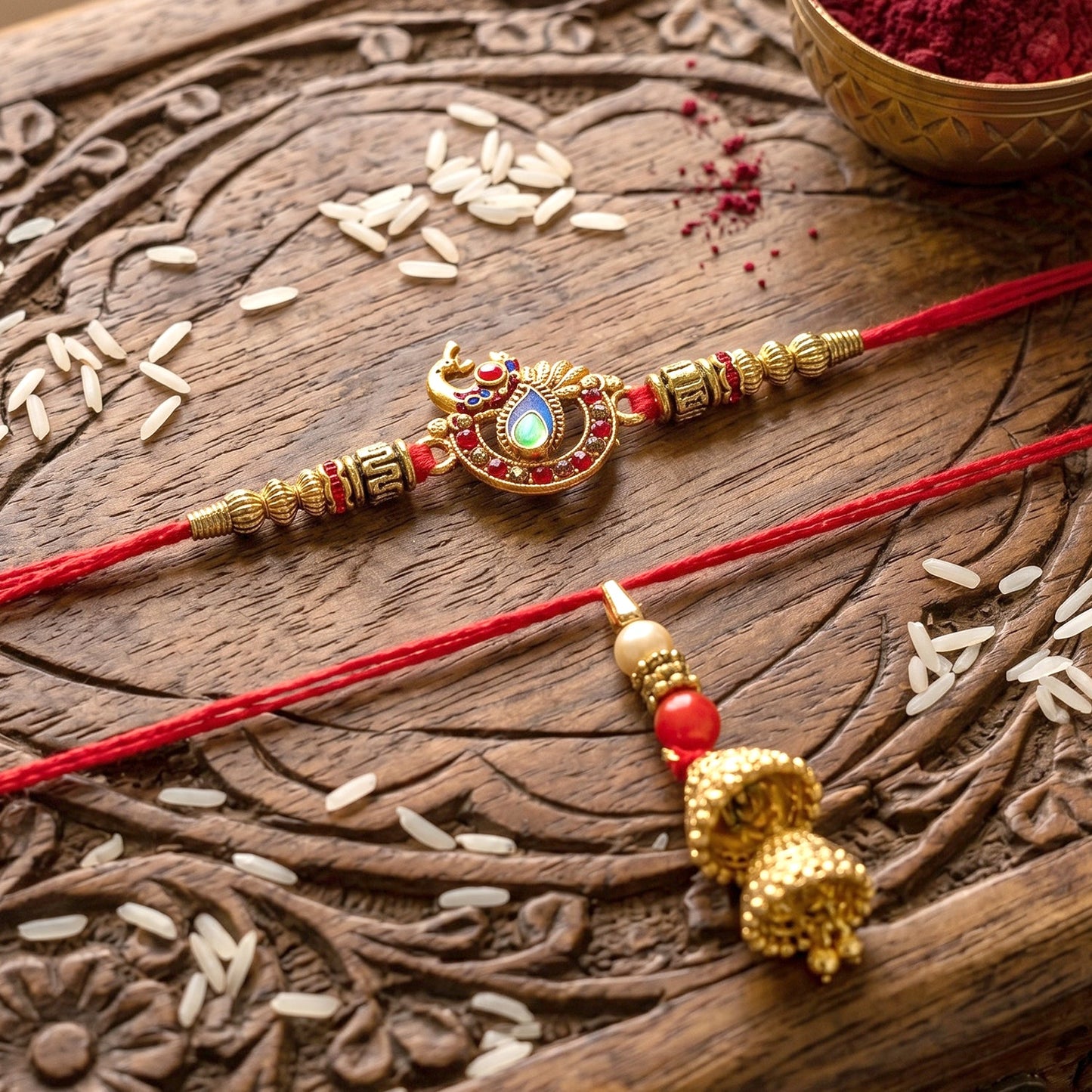 Peacock Pendant Bhabhi Rakhi worn on wrist