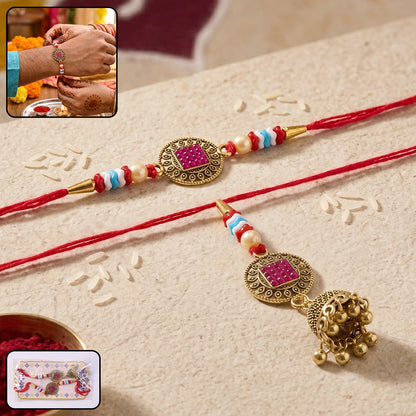 Meenakari Bead Bhabhi Rakhi arranged with golden latkan