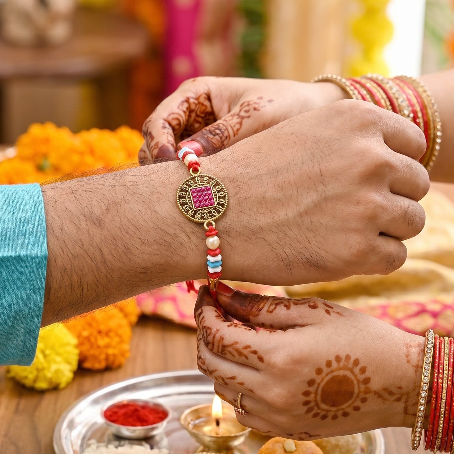 Top angle of Meenakari Bead Bhabhi Rakhi showing decorative beads