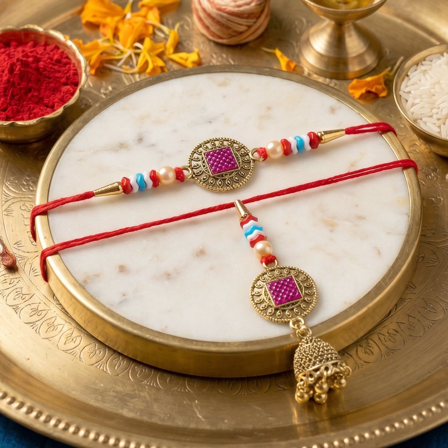 Meenakari Bead Bhabhi Rakhi displayed on white background