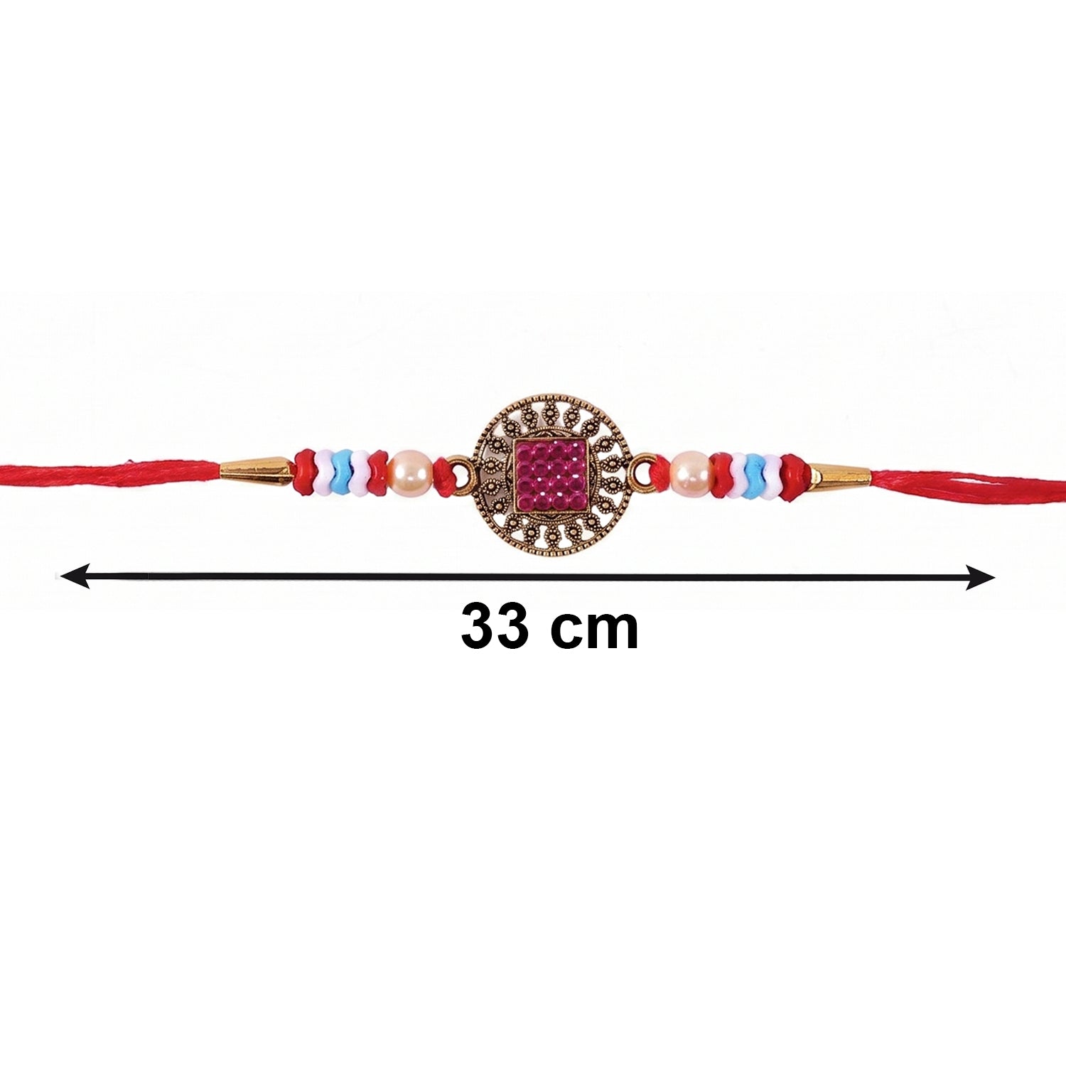 Front view of Meenakari Bead Bhabhi Rakhi with golden latkan