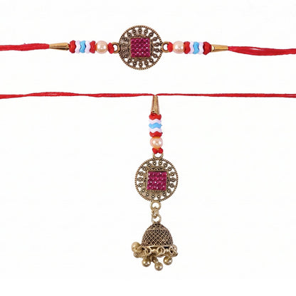 Side view of Meenakari Bead Bhabhi Rakhi beads with golden latkan