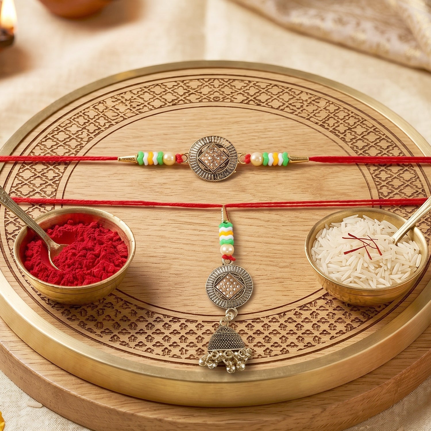 Antique Coin Bhabhi Rakhi laid flat to show design