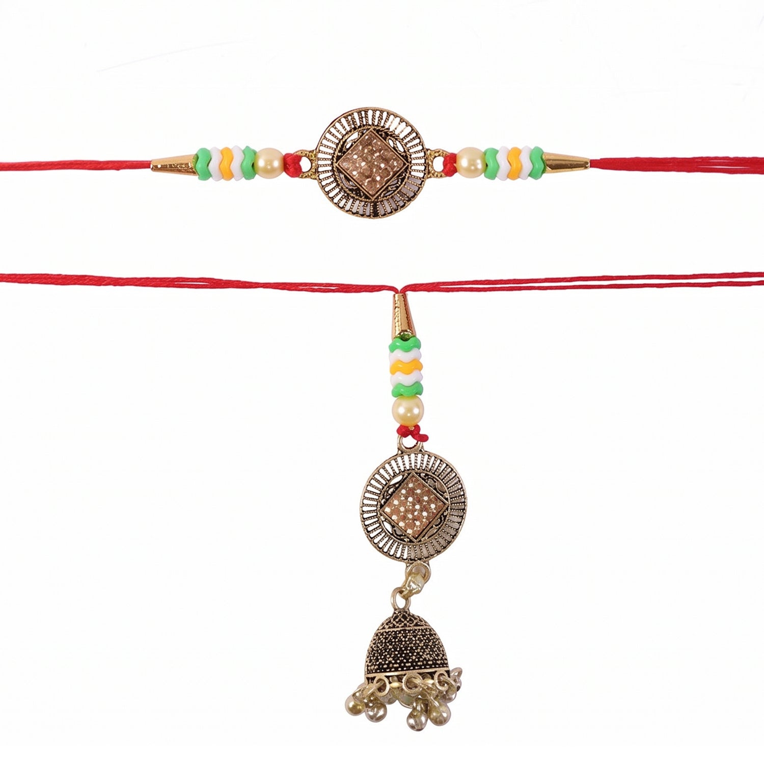 Antique Coin Bhabhi Rakhi full length with beads and latkan