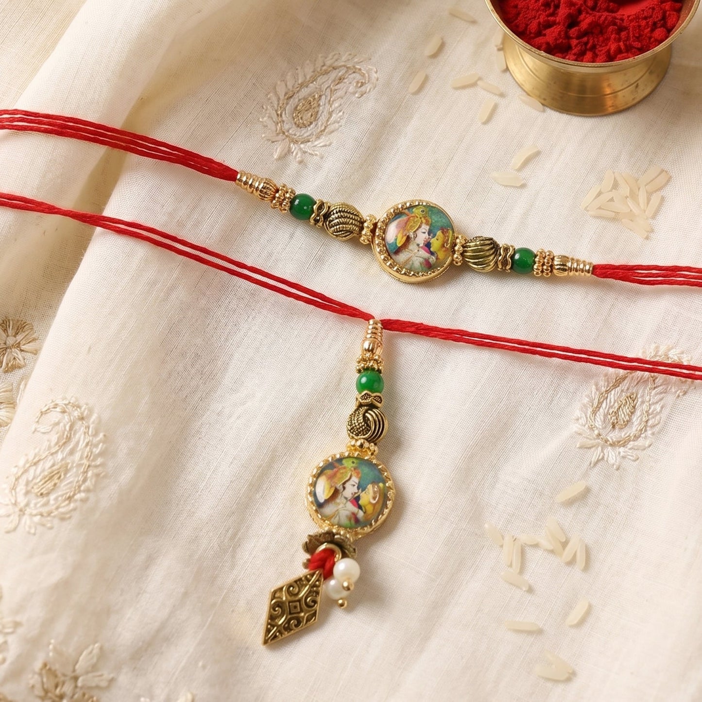 Side angle of Peacock Charm Bhabhi Rakhi showing charm and beads
