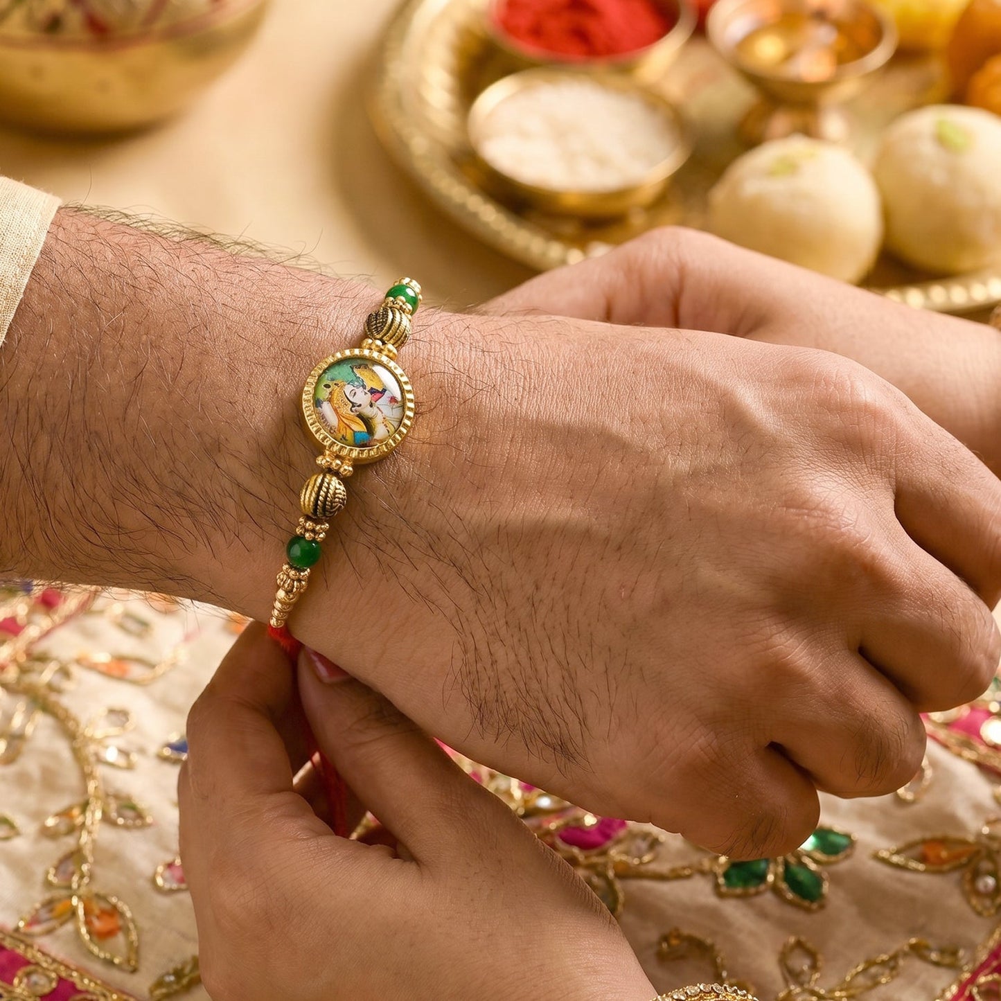 Top view of Peacock Charm Bhabhi Rakhi with beads