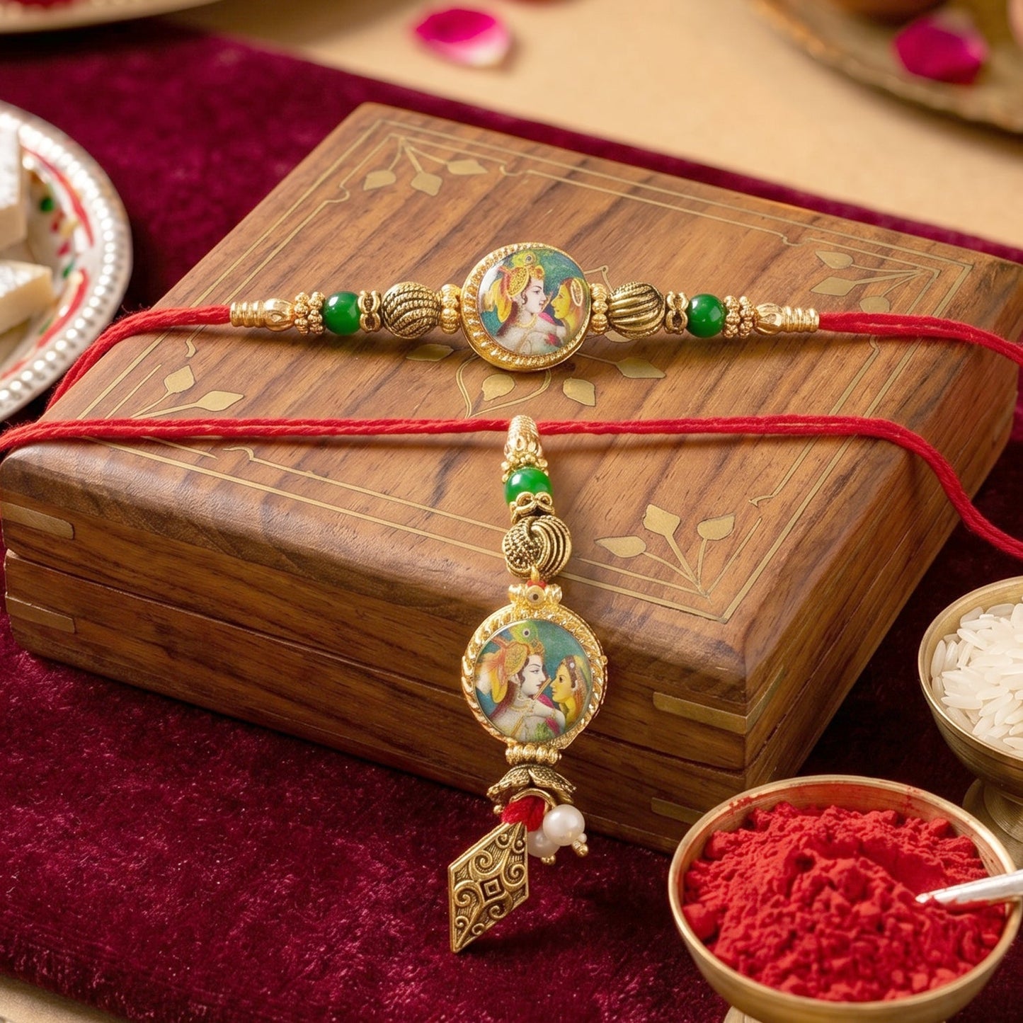 Peacock Charm Bhabhi Rakhi with colorful beads close-up