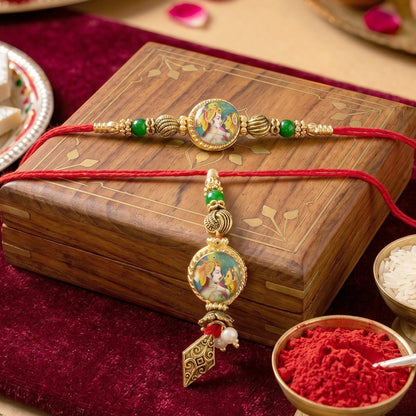 Peacock Charm Bhabhi Rakhi with colorful beads close-up
