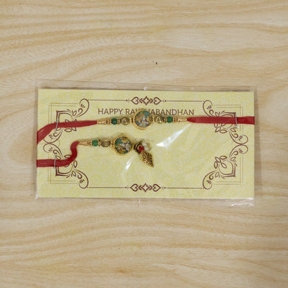 Full view of Peacock Charm Bhabhi Rakhi showing design and colors