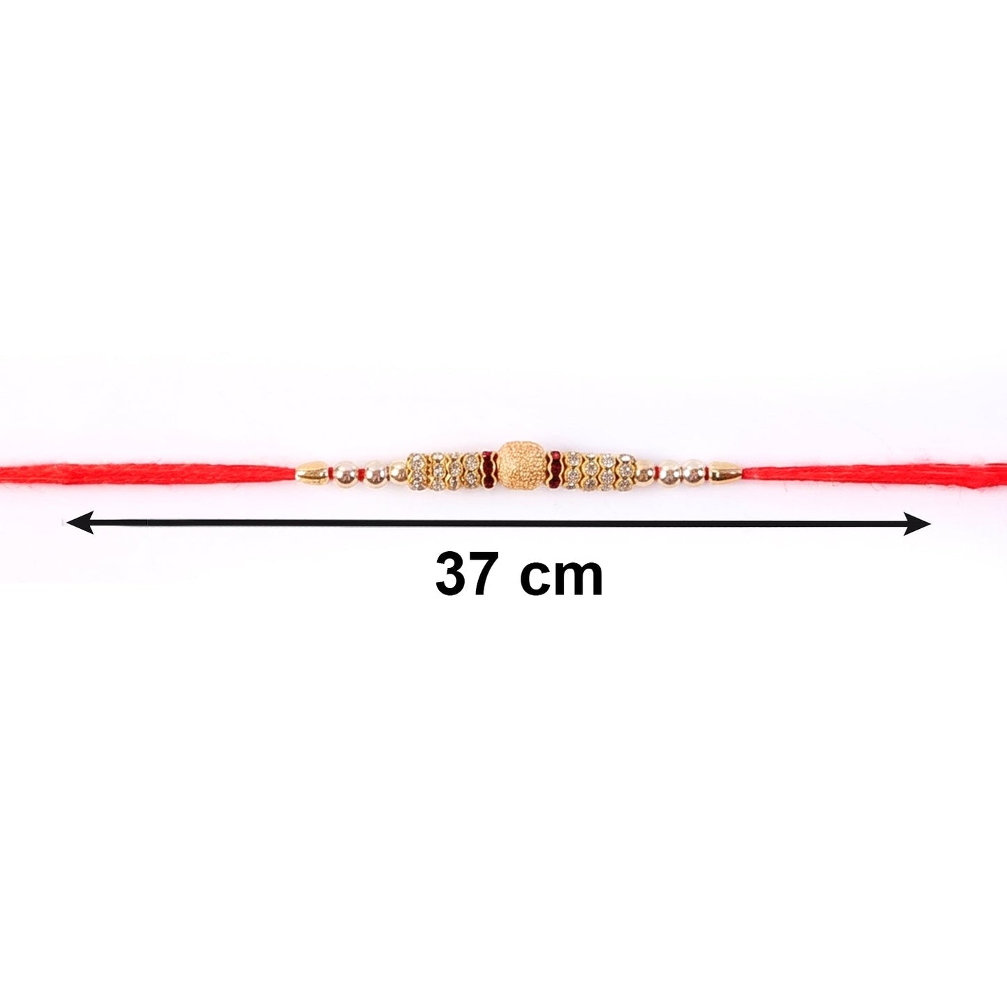 Golden bhabhi rakhi laid out flat showing pearl drop latkan
