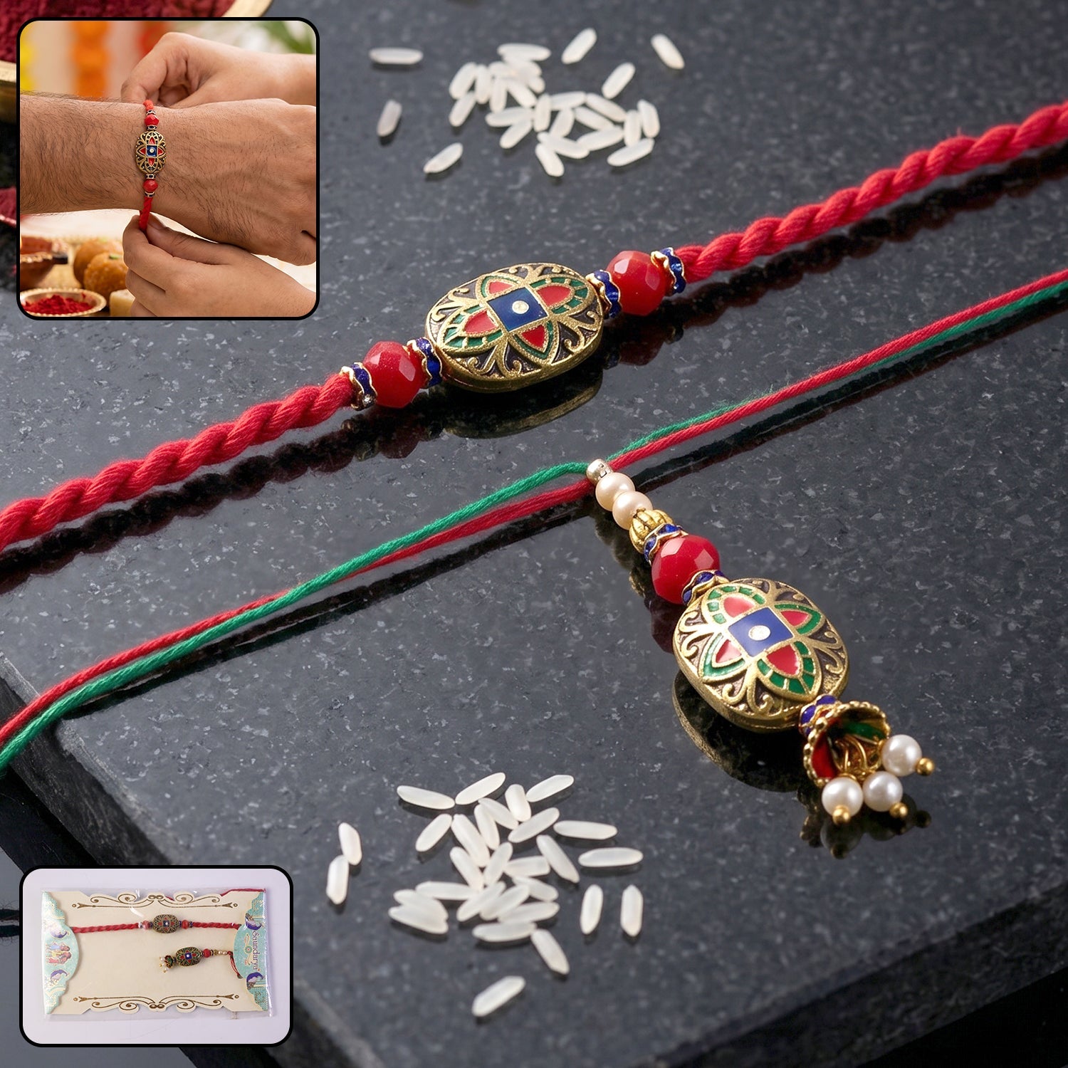 Colorful Meenakari Bhabhi Rakhi with Pearl Latkan close-up