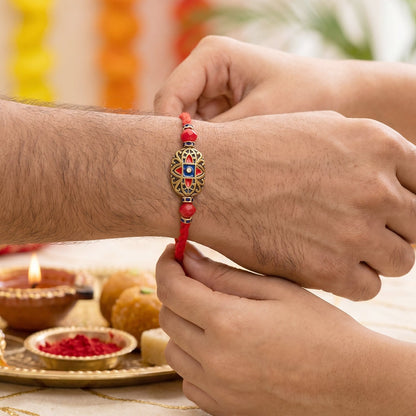 Top view of colorful Meenakari Bhabhi Rakhi
