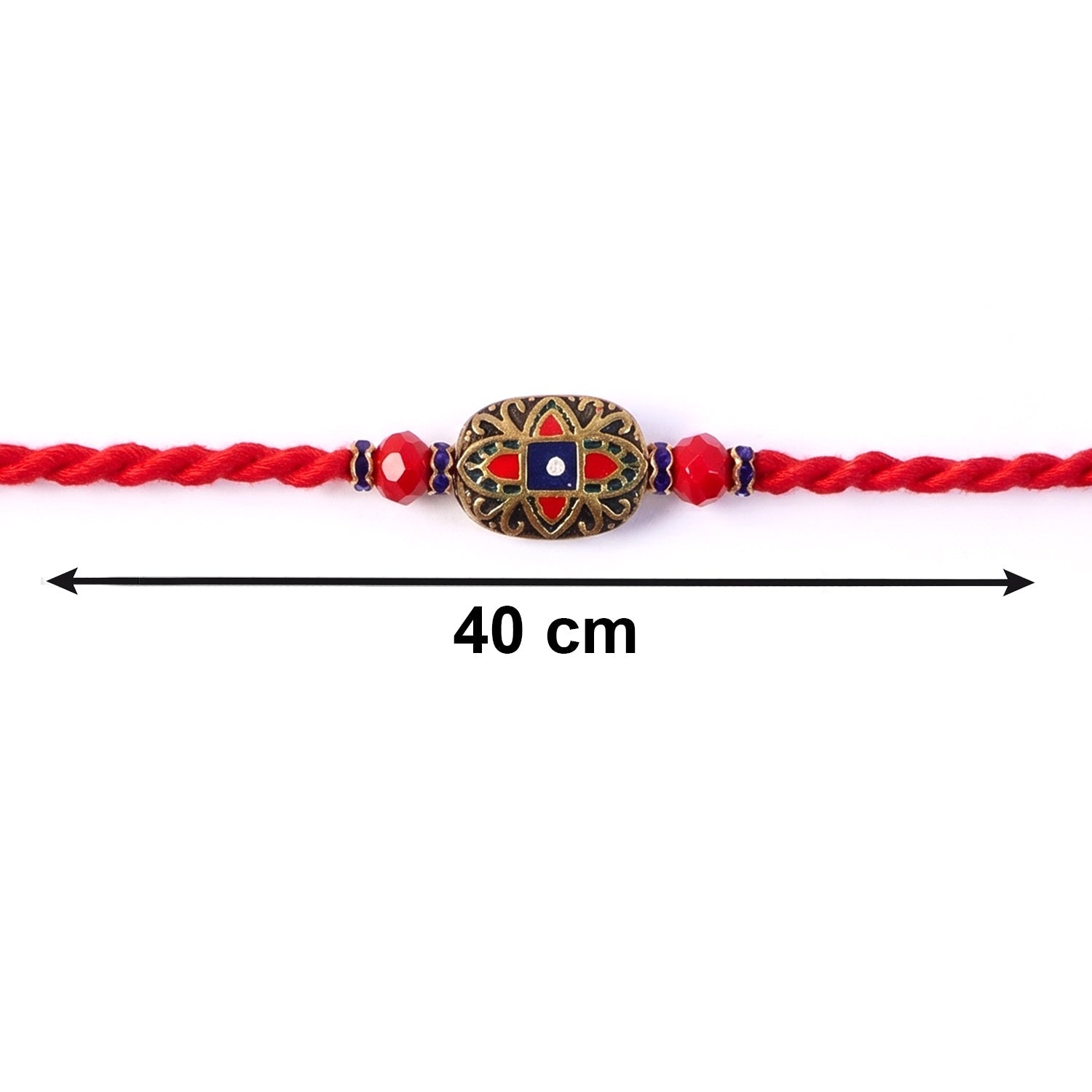 Side view of Meenakari Bhabhi Rakhi with decorative pearl latkan