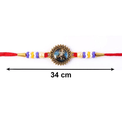 Close-up of bead and latkan detail on bhabhi rakhi