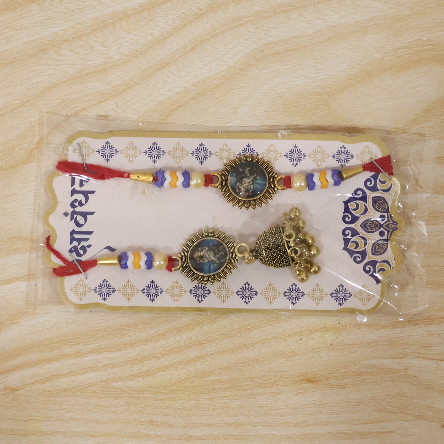 Oxidised bhabhi rakhi laid flat showing full design
