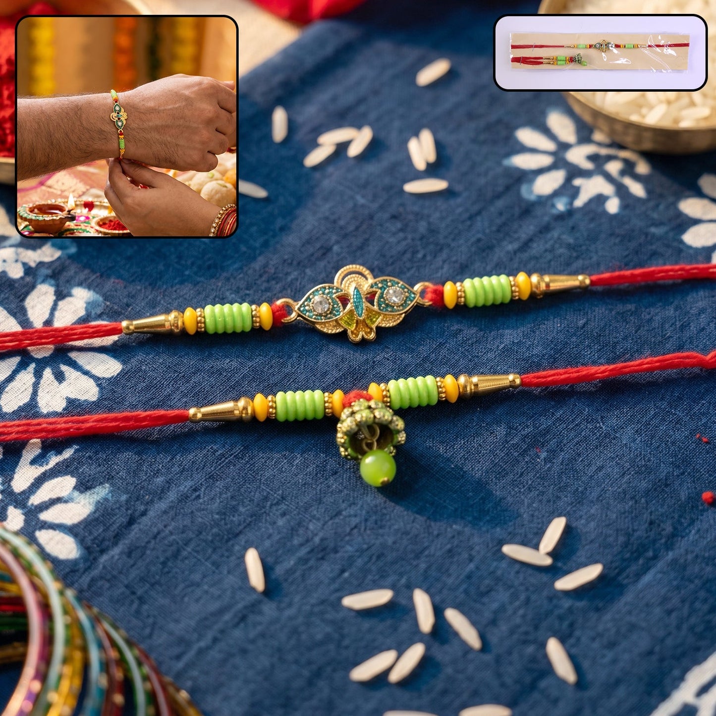 Om Peacock Bhabhi Rakhi full length with bright beads