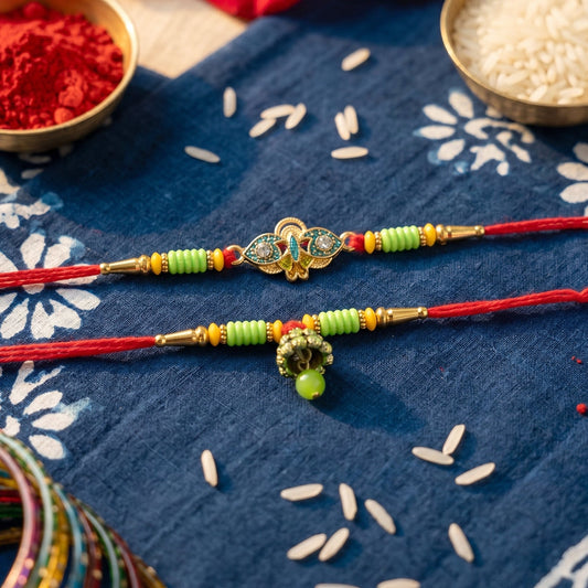 Om Peacock Bhabhi Rakhi with colorful beads front view