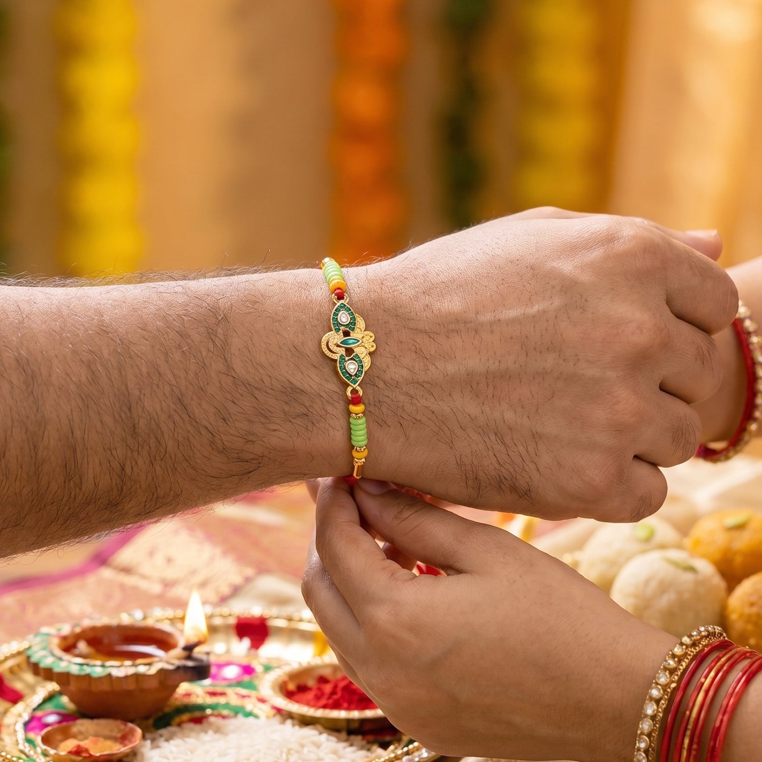 Hand holding Om Peacock Bhabhi Rakhi showing bead colors