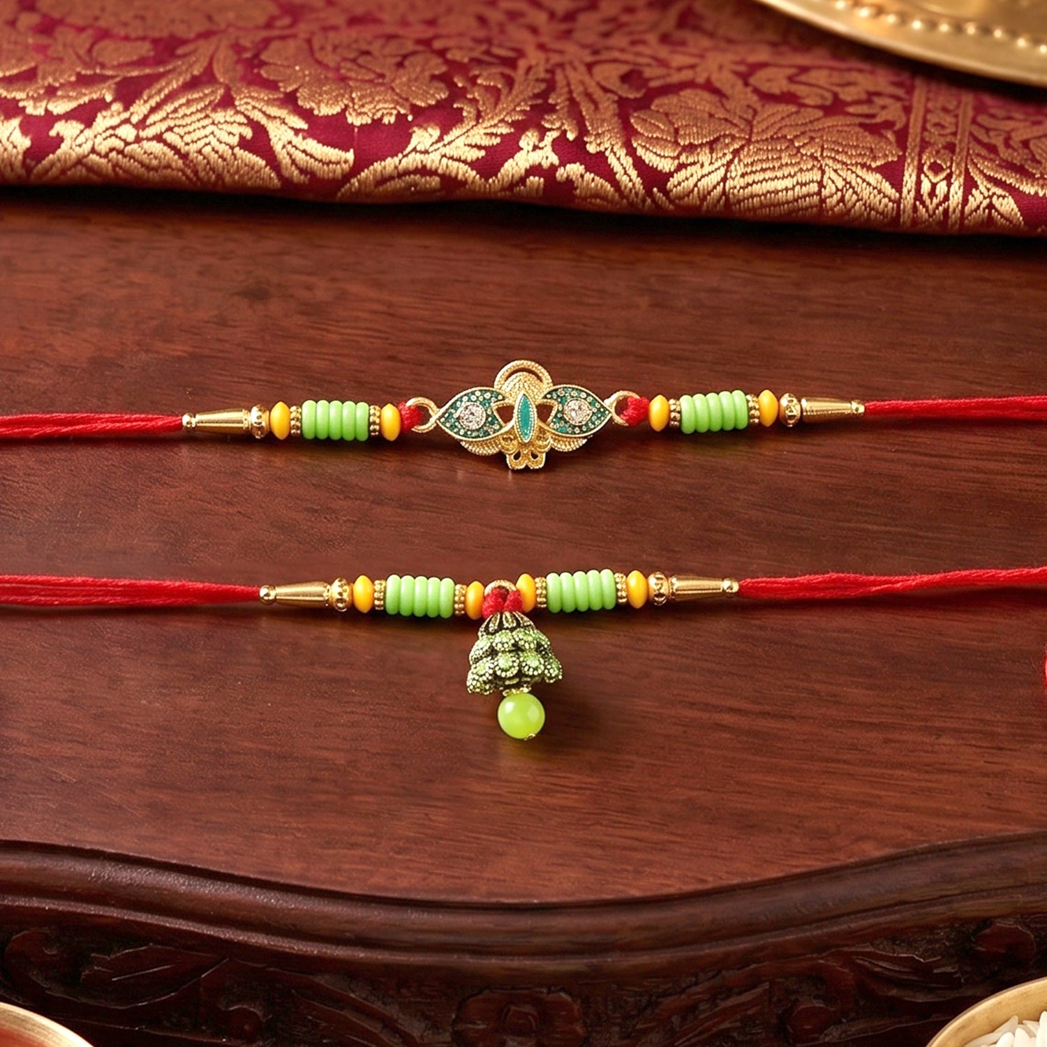 Side view of Om Peacock Bhabhi Rakhi showing detailed design