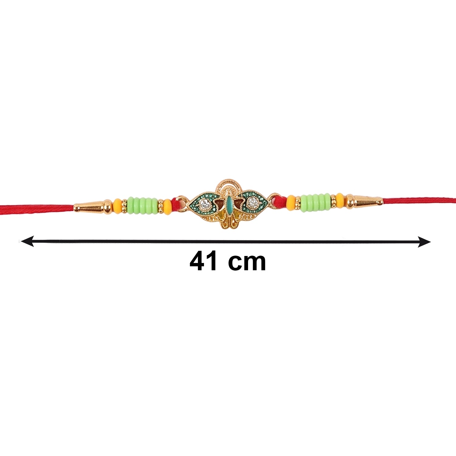 Colorful detailed beads on Om Peacock Bhabhi Rakhi