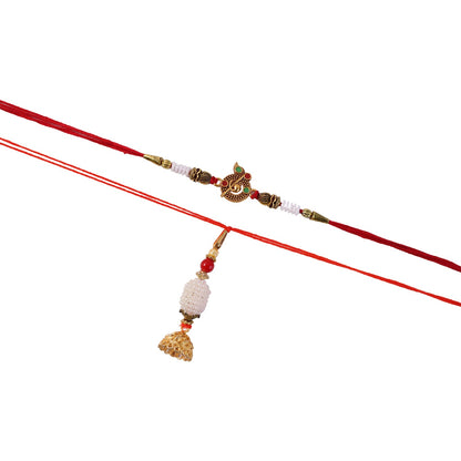 Golden tassel detail on Pearl Peacock Bhabhi Rakhi