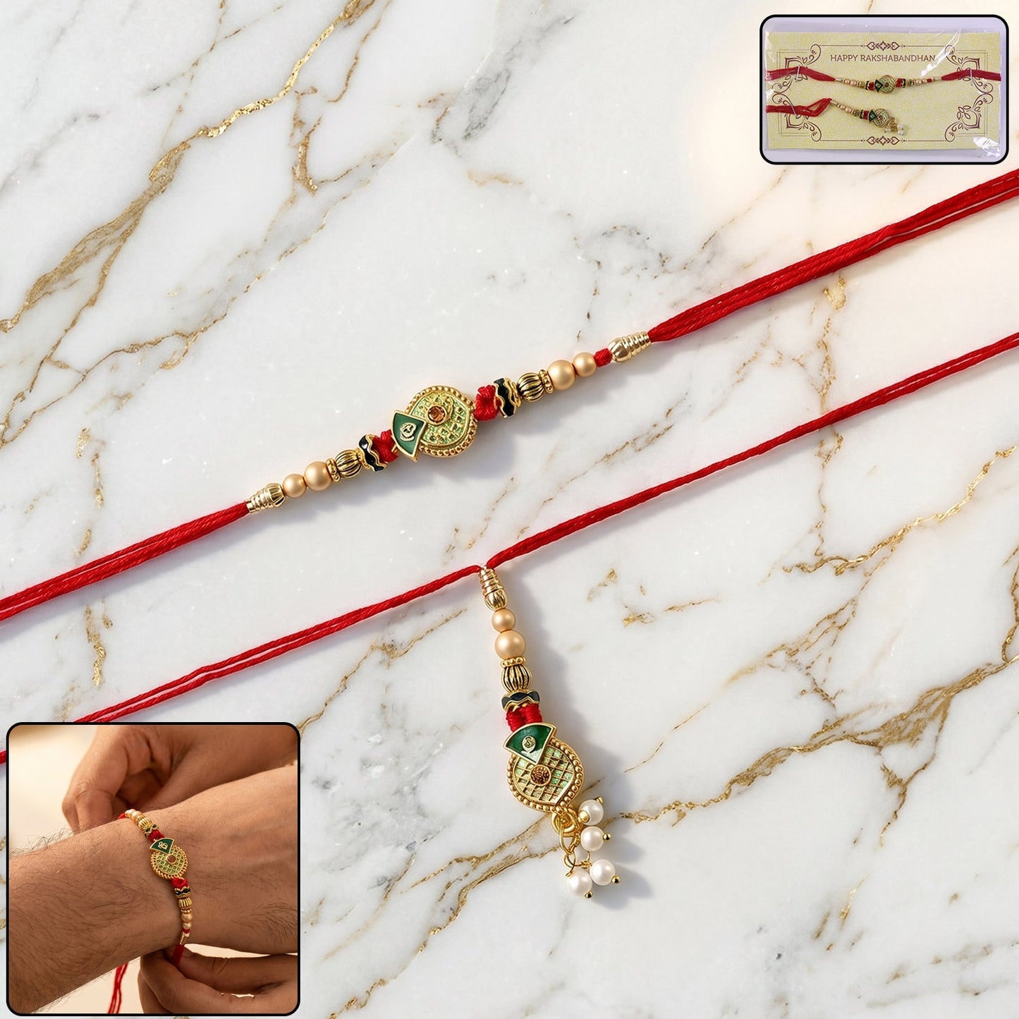 Floral Stone Bhabhi Rakhi with Pearl Latkan close-up
