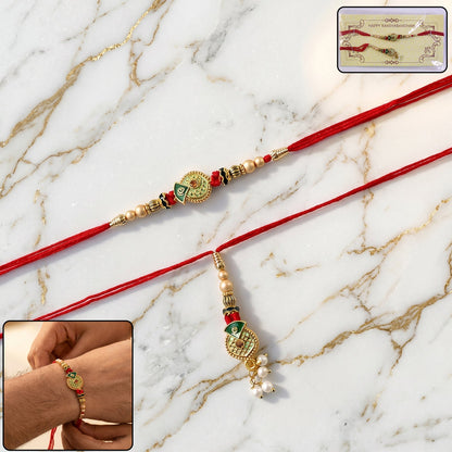 Floral Stone Bhabhi Rakhi with Pearl Latkan close-up
