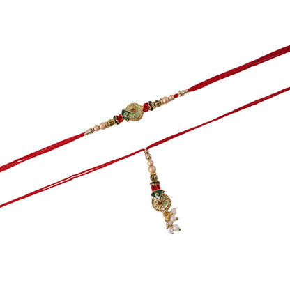 Side view of Floral Stone Bhabhi Rakhi with Pearl Latkan