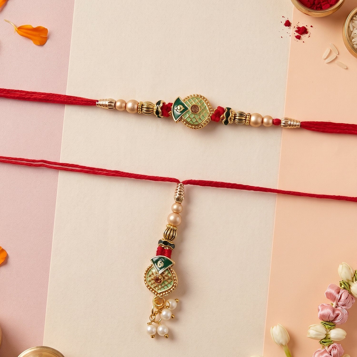 Traditional Floral Stone Bhabhi Rakhi full length
