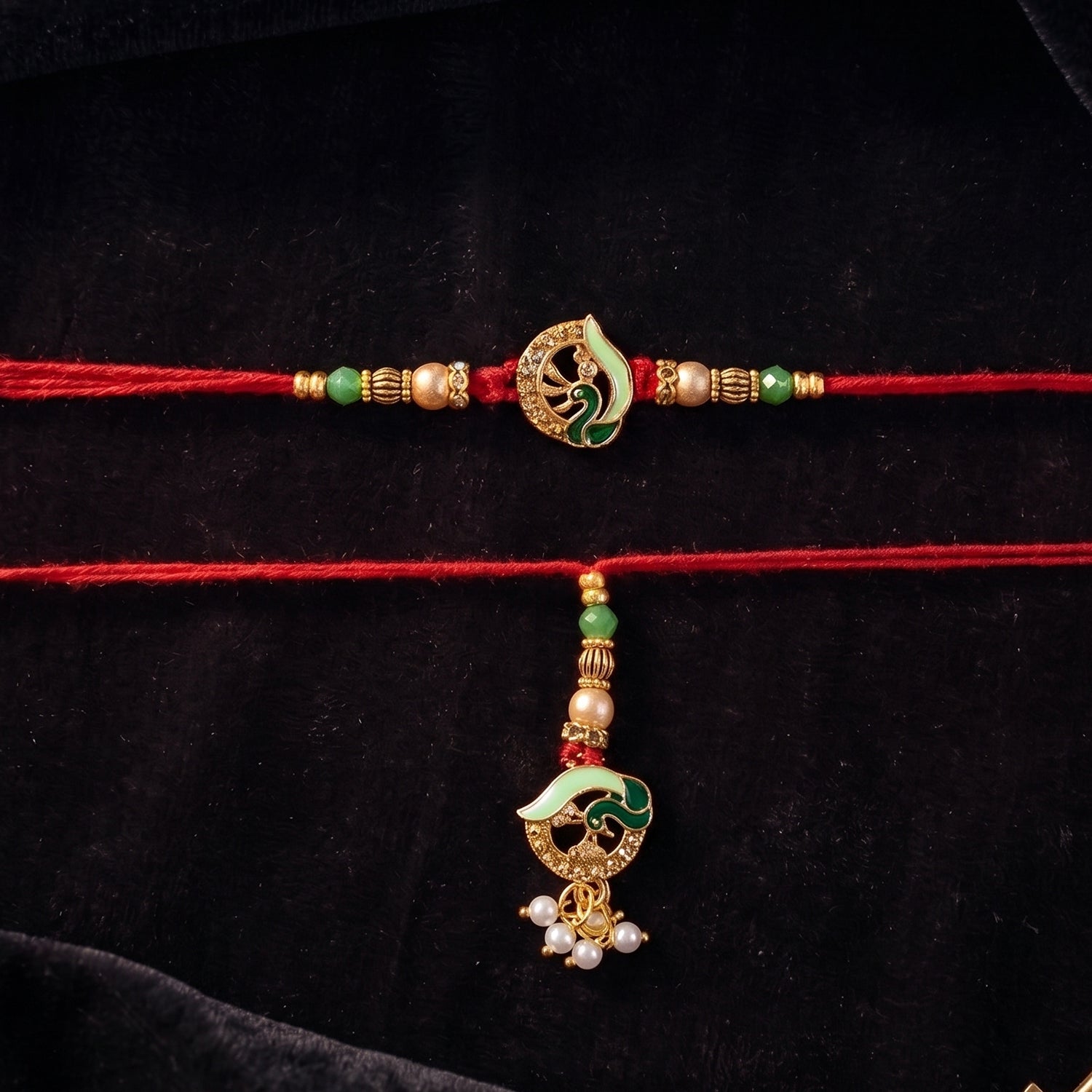 Side angle of Peacock Stone Bhabhi Rakhi showcasing design