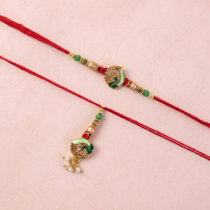 Pearl drop accent on Peacock Stone Bhabhi Rakhi