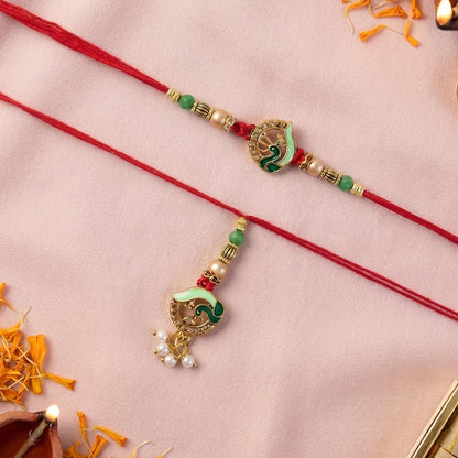 Peacock Stone Bhabhi Rakhi with Pearl Drop front view