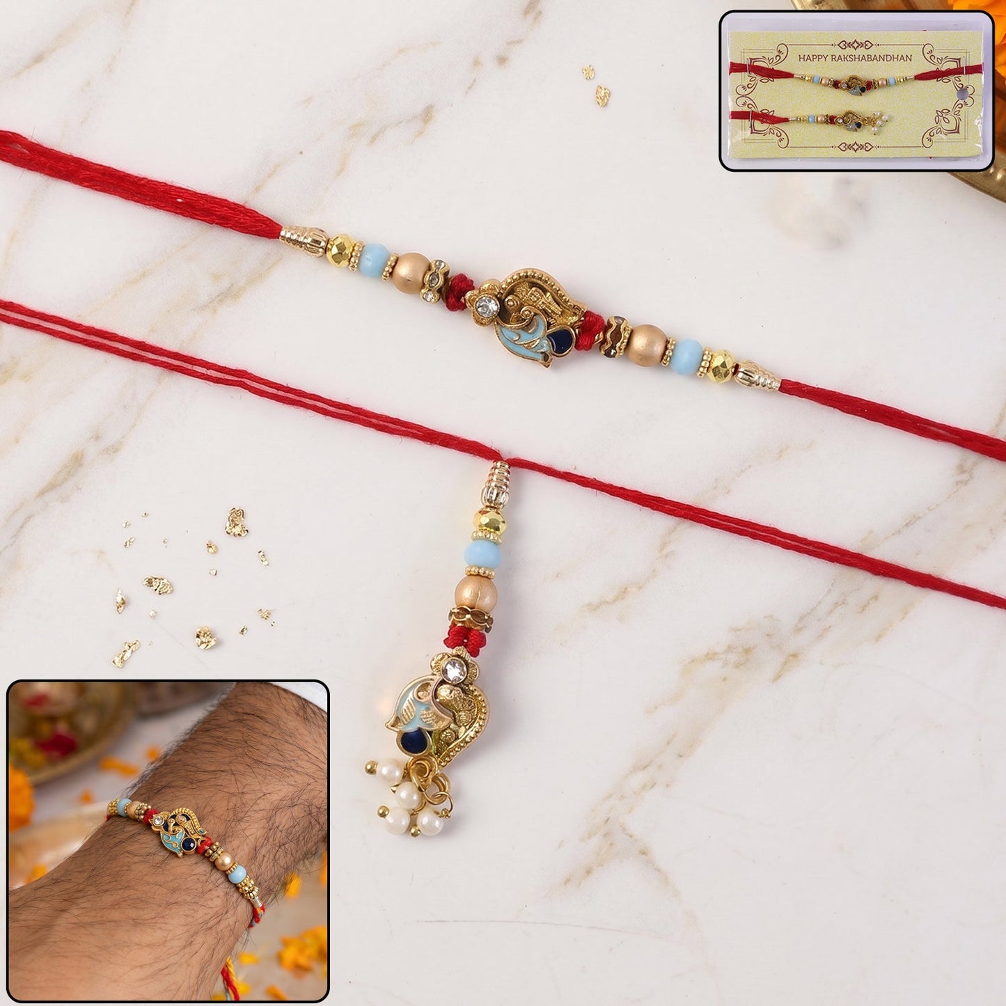 Pearl Bead Bhabhi Rakhi side angle showing thread and beads