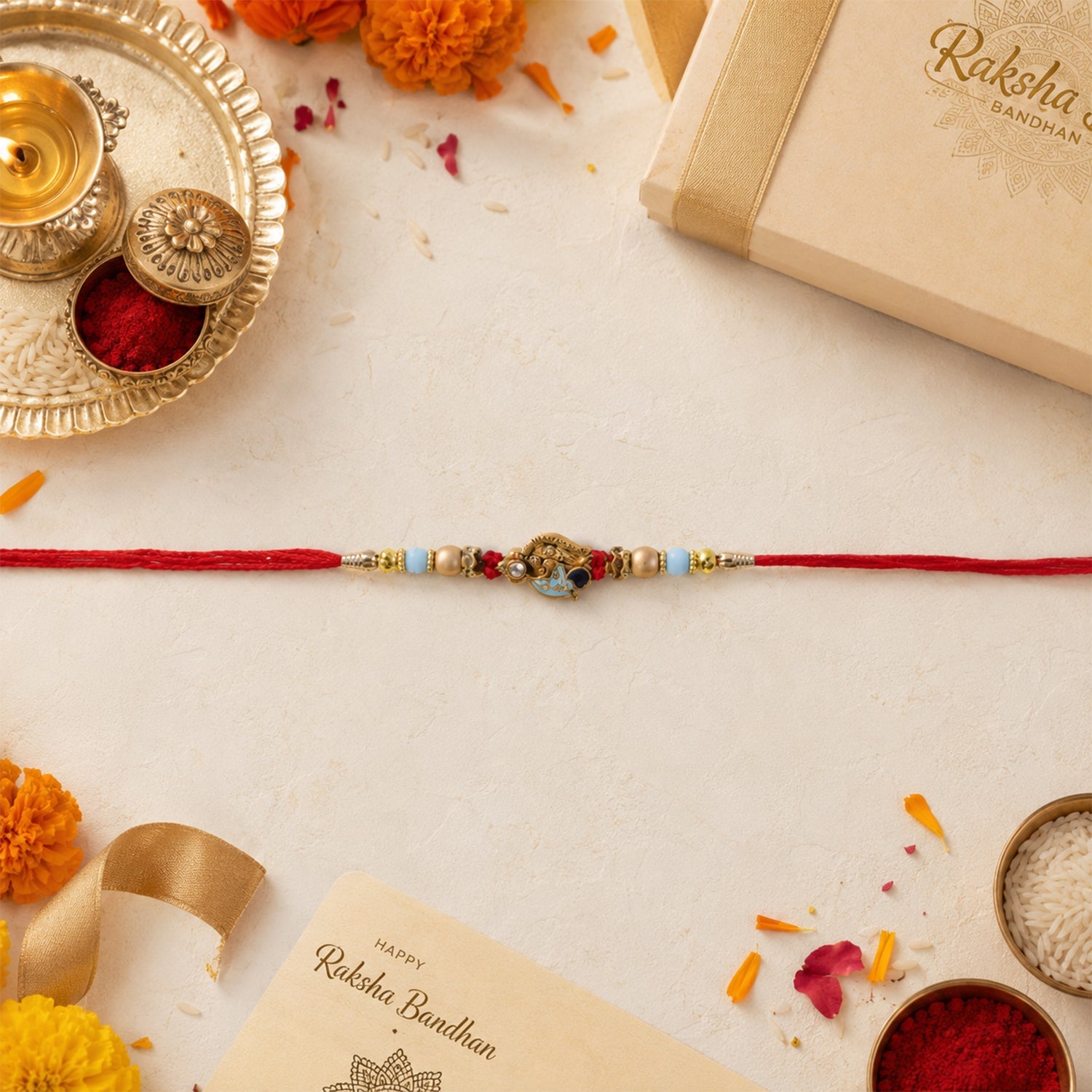 Top view of Pearl Bead Bhabhi Rakhi showcasing bead design