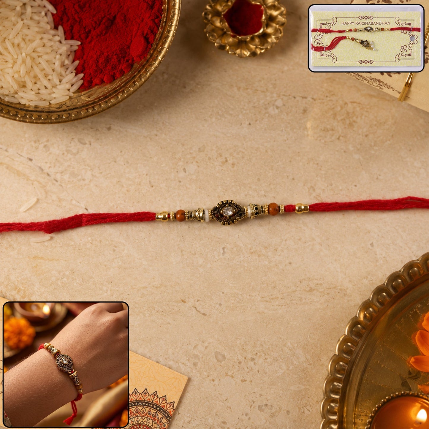 Antique stone Bhabhi Rakhi showing pearl bead detailing