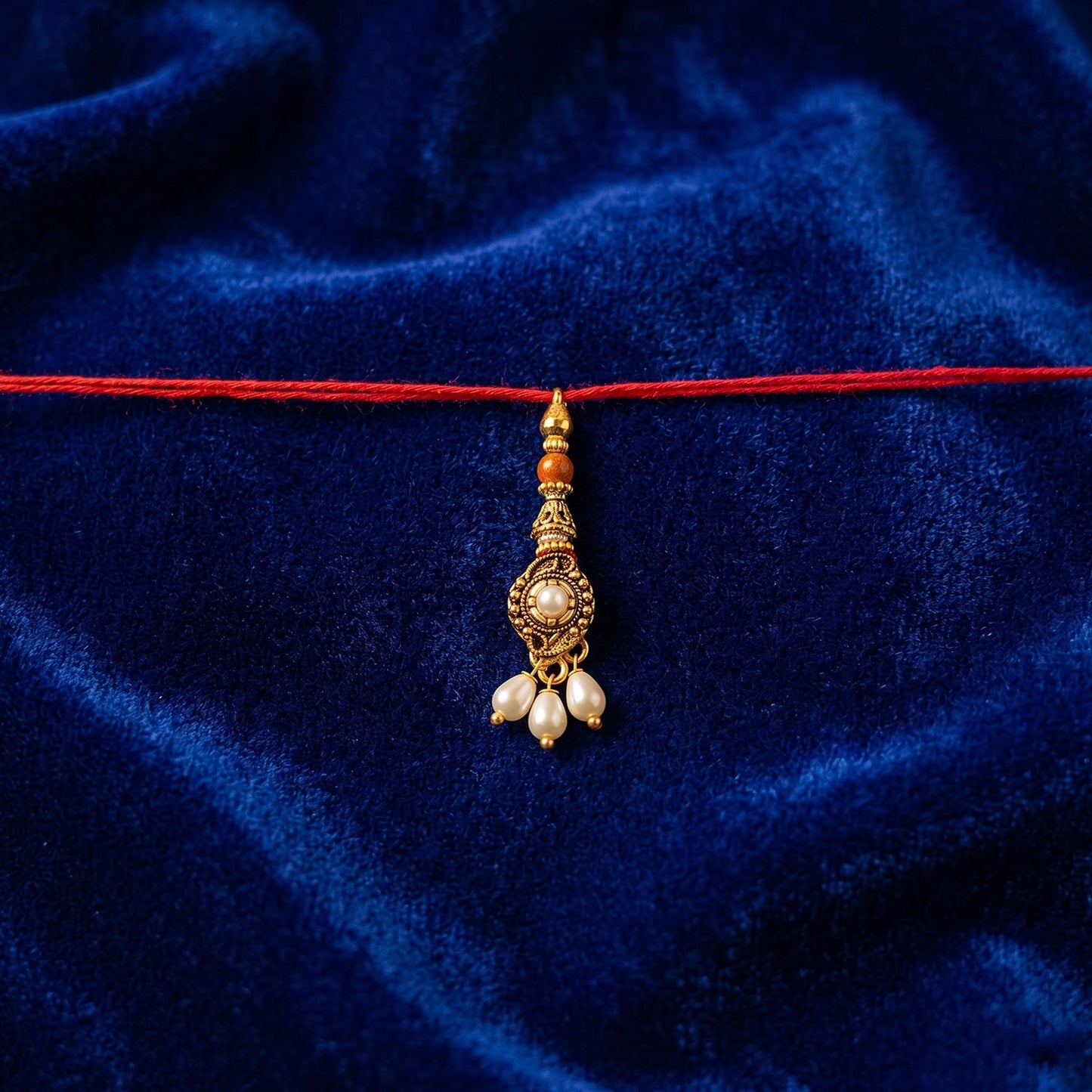 Top view of Antique stone Bhabhi Rakhi with pearl beads