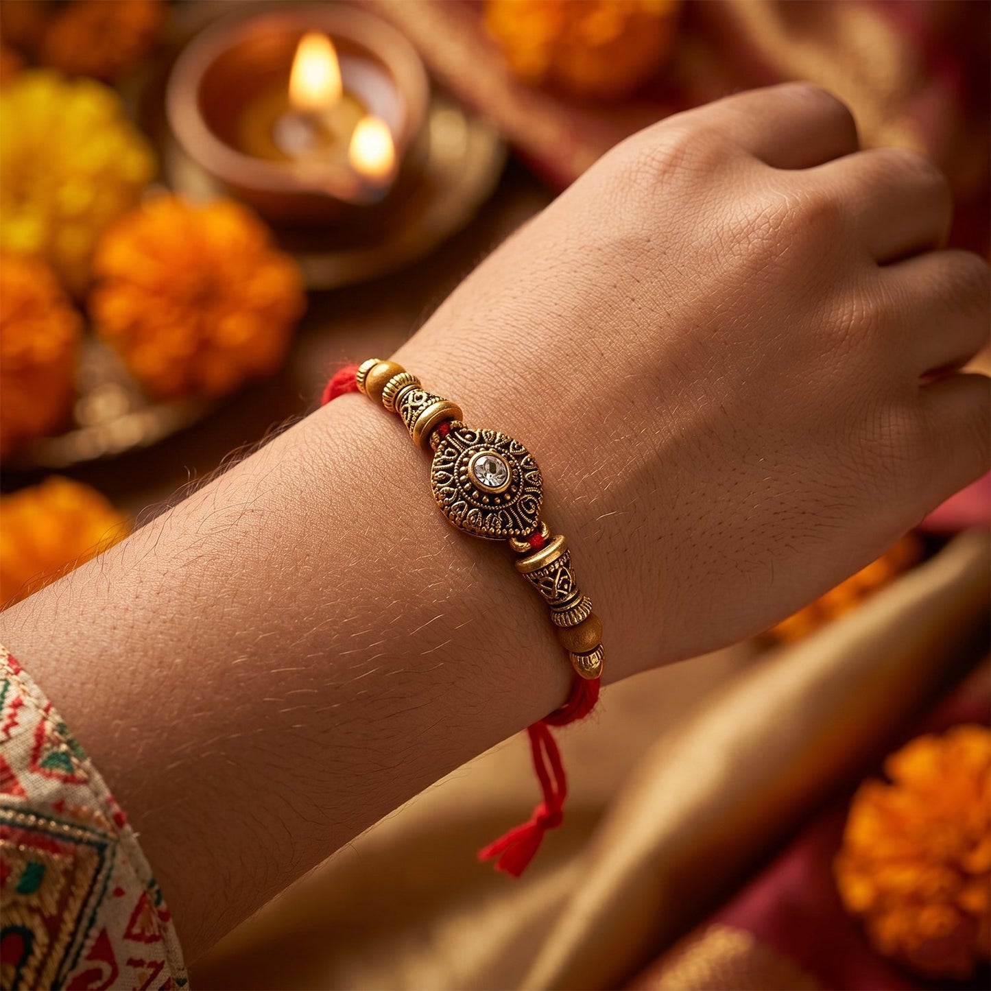 Antique stone Bhabhi Rakhi layout with pearl beads
