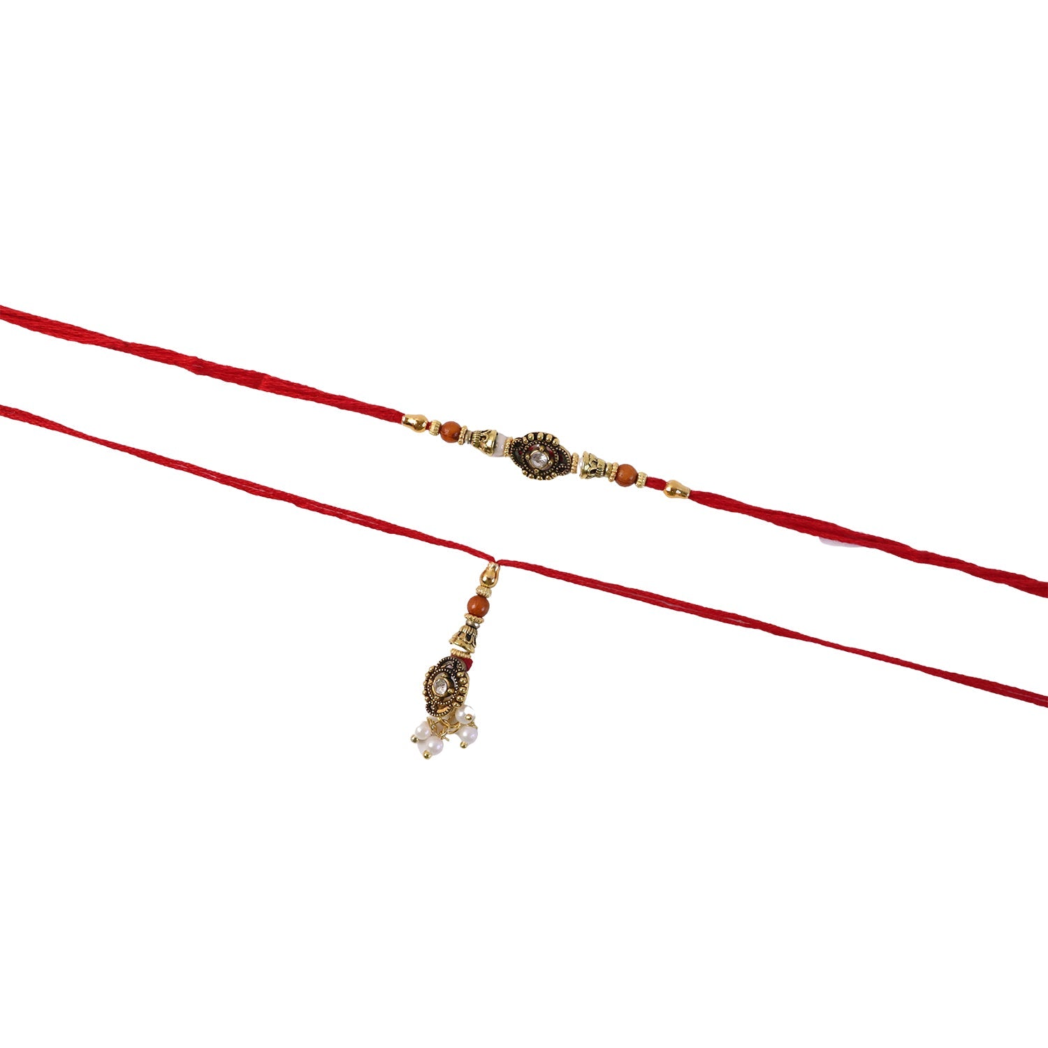 Side angle of Antique stone Bhabhi Rakhi with pearl beads